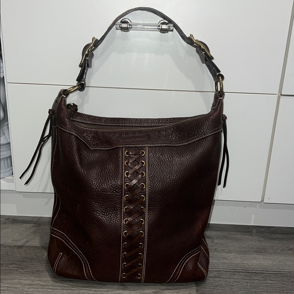 Coach Chelsea Laced Brown Pebbled Leather Duffle Shoulder Bag VINTAGE - Picture 3 of 16